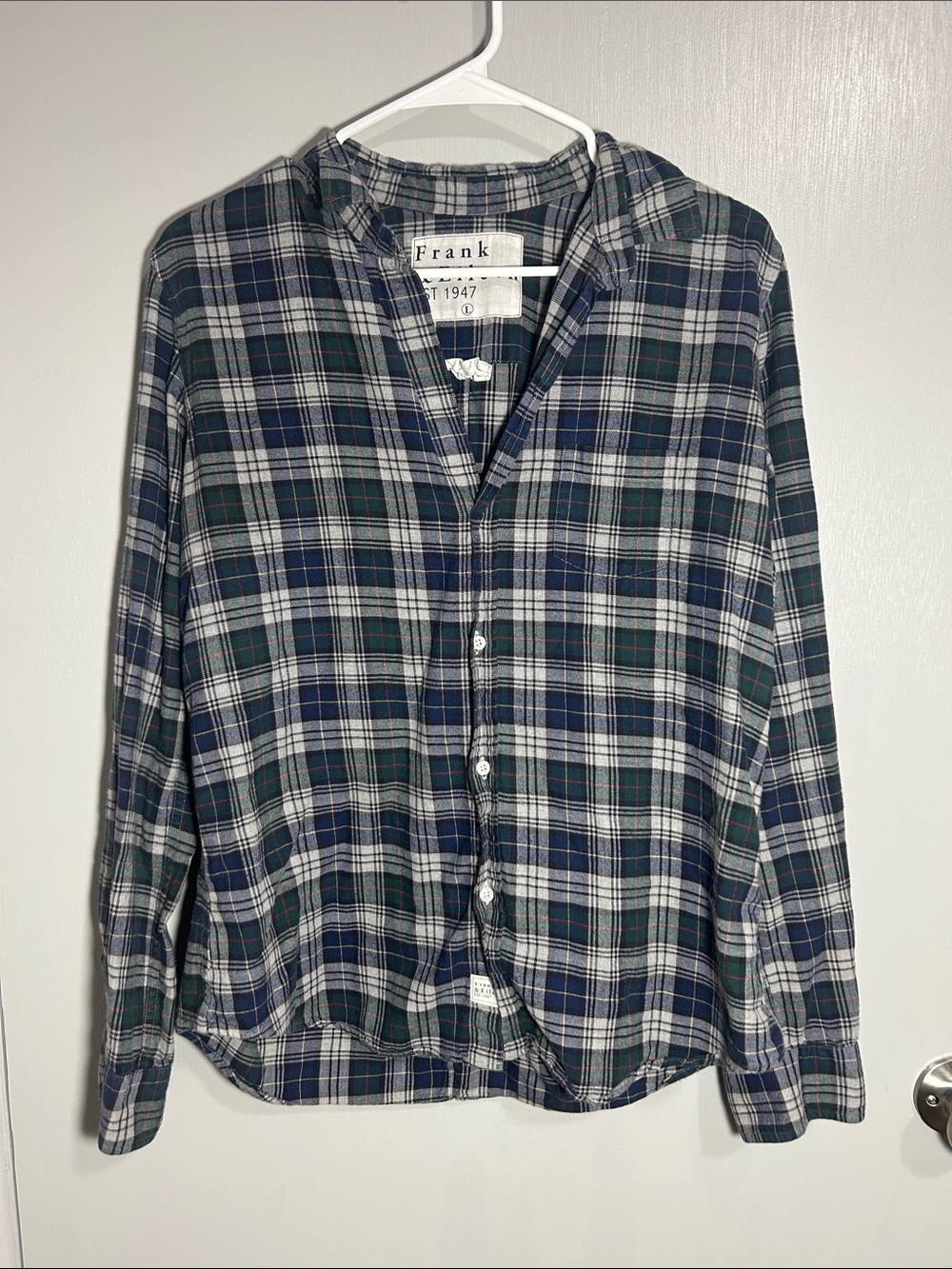 Frank & Eileen Barry Plaid Button Down Flannel Shirt Green Navy Gray L Cotton